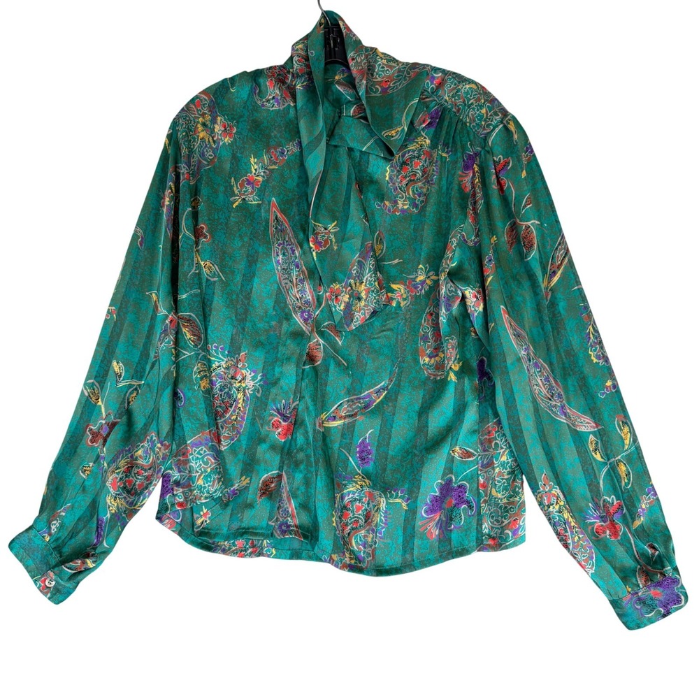 Nicola Vintage Green Paisley Bow Tie Neck Blouse Long Sleeve Size 12